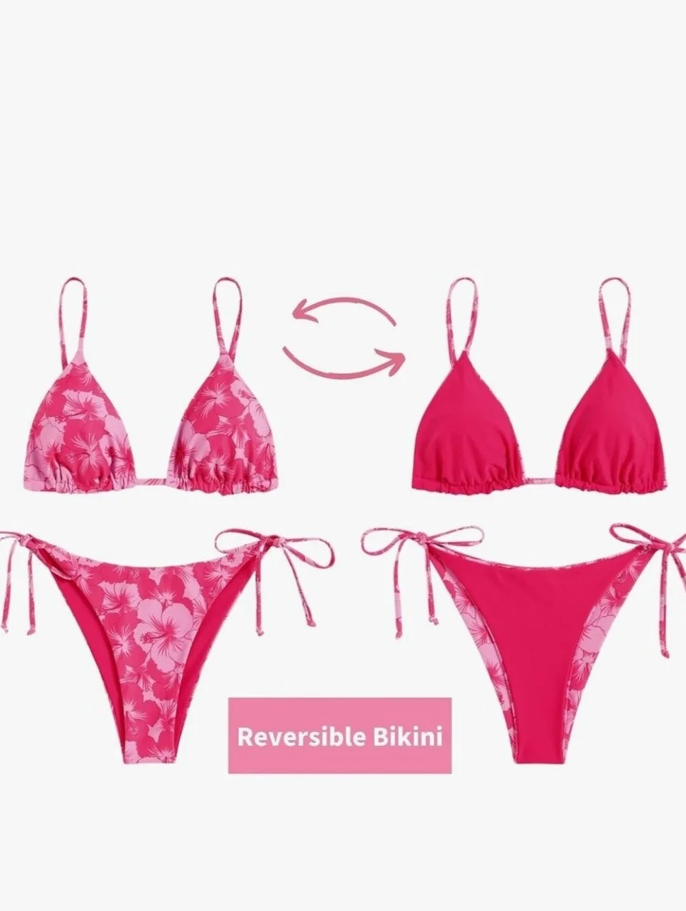 🌸Zaful Hot Pink Floral Tie-Side Triangle Bikini Reversable Swimwear Medium🌸
